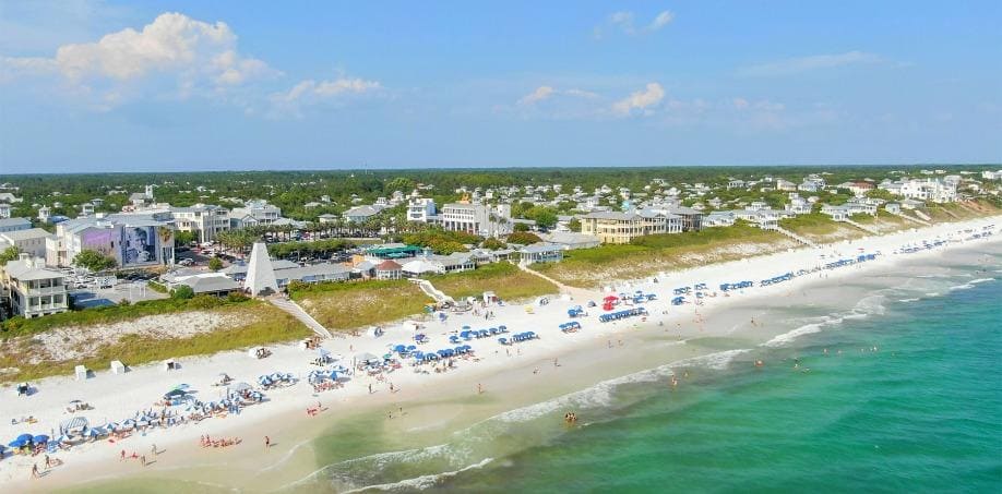 Beach aerial view of Seaside Florida coastline